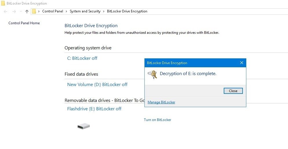 Сообщение о завершении расшифровки для BitLocker в Windows 10.