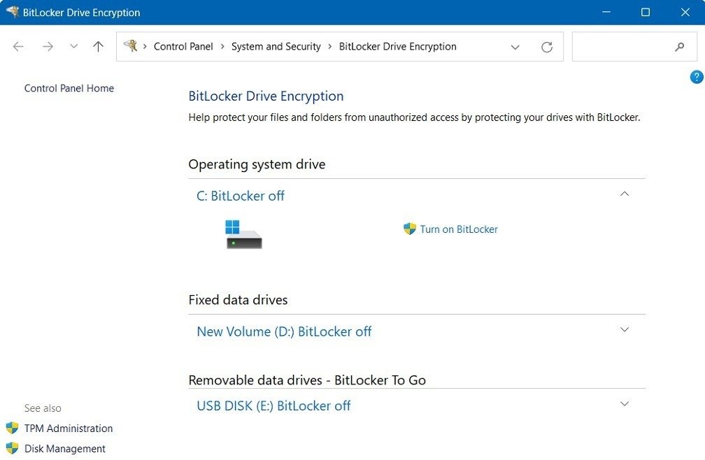 Включите параметр Bitlocker в меню «Шифрование диска BitLocker» панели управления.