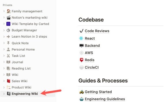 Шаблон Engineering Wiki на боковой панели Notion