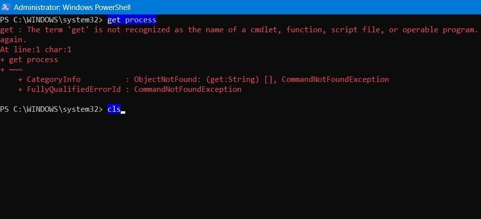 Ввод команды cls под сообщением об ошибке, чтобы удалить весь текст в PowerShell.