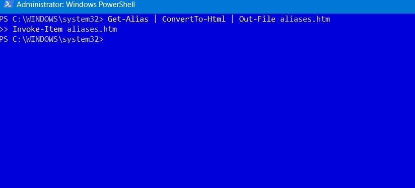 Команда преобразования в HTML в PowerShell для отображения псевдонимов на веб-странице.