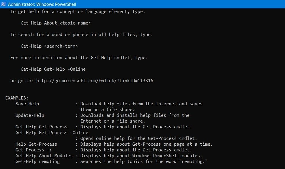 Различные примеры, отображаемые в окне PowerShell для команды get-help.