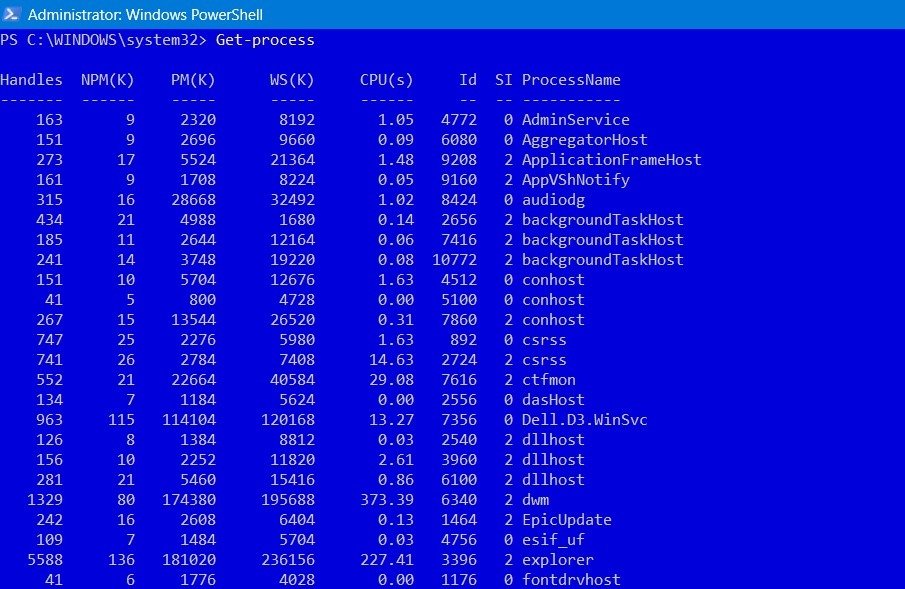 Команда Get-Process в PowerShell выводит список всех процессов компьютера.