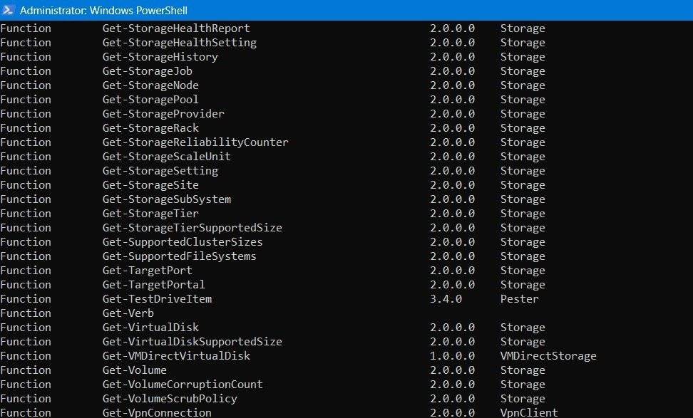 Список функций, отображаемых под командой Get в Powershell.