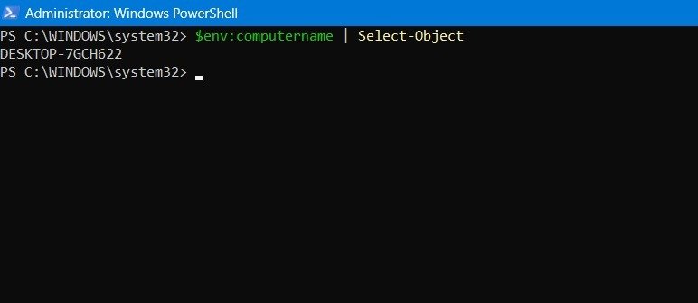 Получение имени компьютера с помощью функции Select-Object и переменной среды в PowerShell.