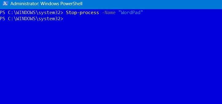 Остановка процесса WordPad из PowerShell в Windows.