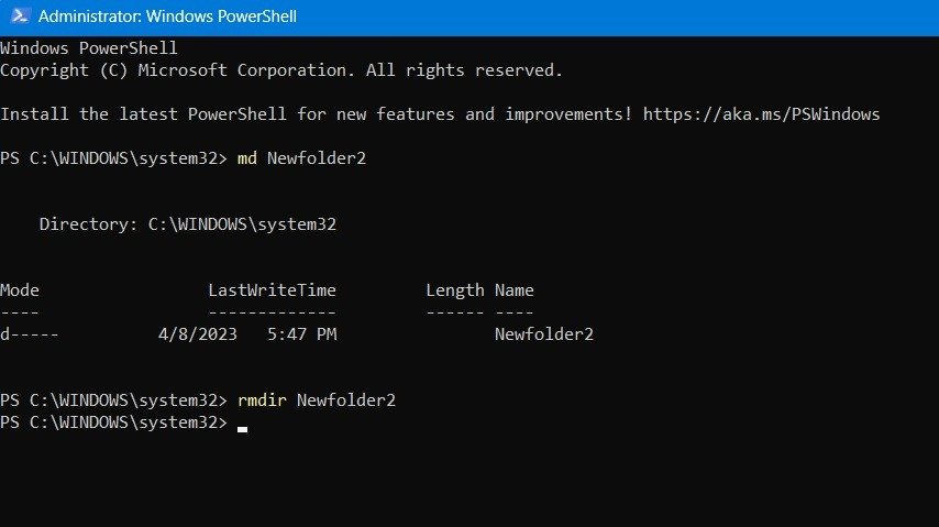 Команды md и rmdir, используемые в окне PowerShell для создания и удаления пустых папок.