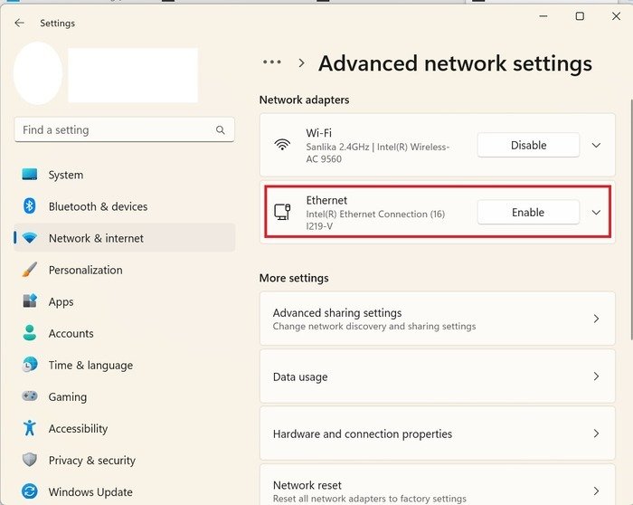 Включите Ethernet-соединение в Windows 11.