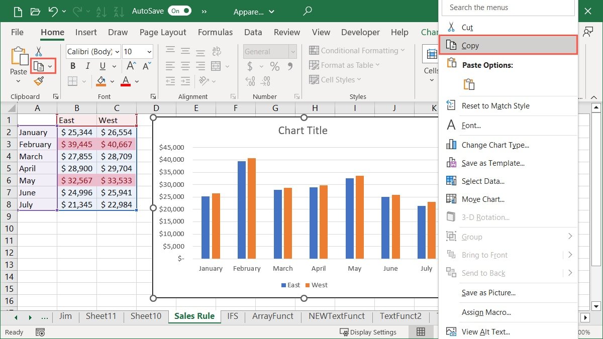 Скопируйте диаграмму Excel