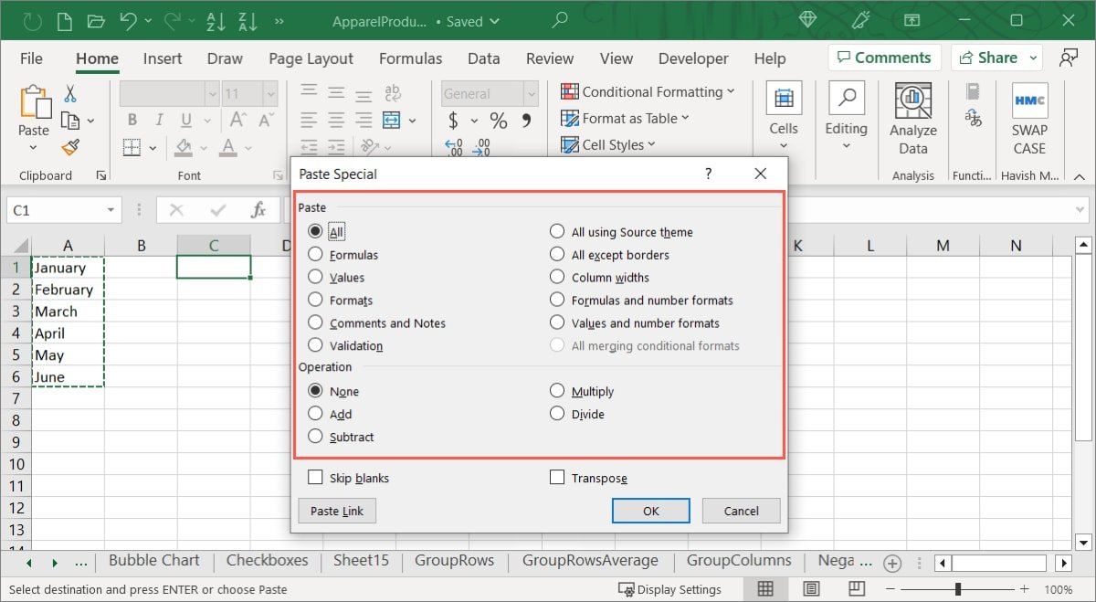 Специальные параметры вставки Excel