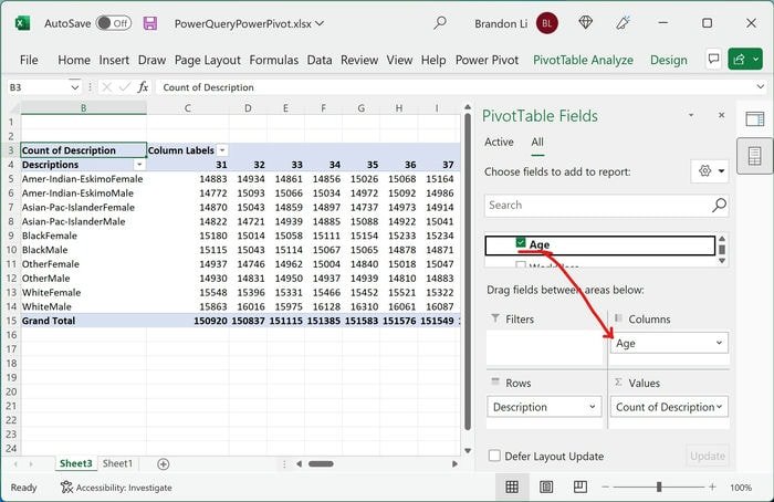 Столбцы возраста поля Excel Power Pivot