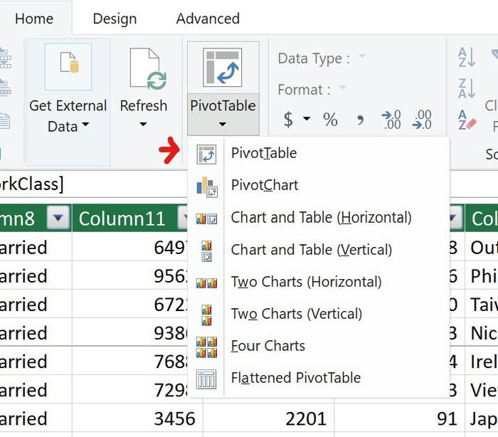 Контекст сводной таблицы Excel Power