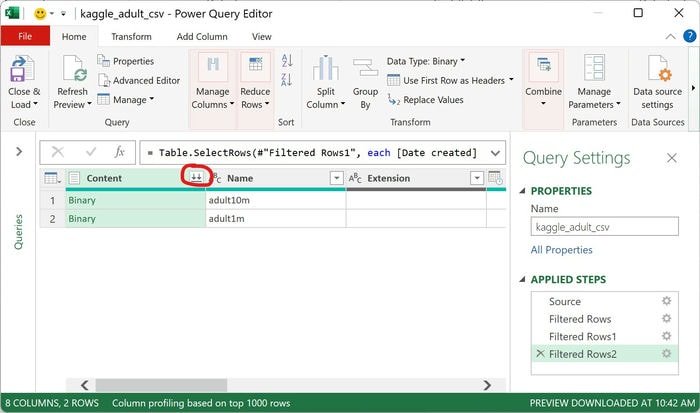 Редактор Excel Power Query после даты фильтра