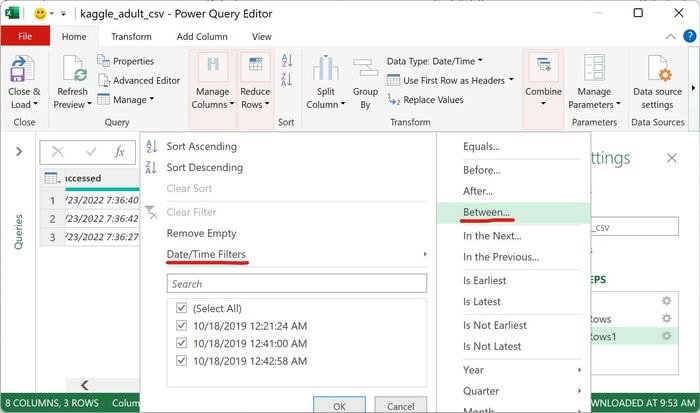 Редактор Excel Power Query Дата Фильтр по дате между