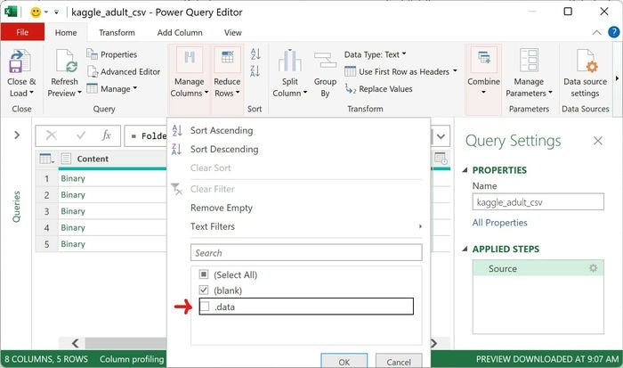 Расширение редактора Excel Power Query снимите флажок с данных