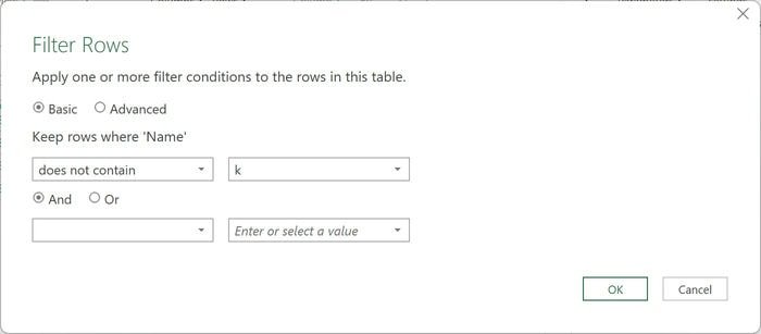 Имя редактора Excel Power Query Текстовый фильтр не содержит K
