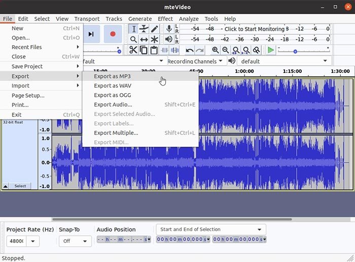 Извлечение аудио из видео Экспорт файла Audacity