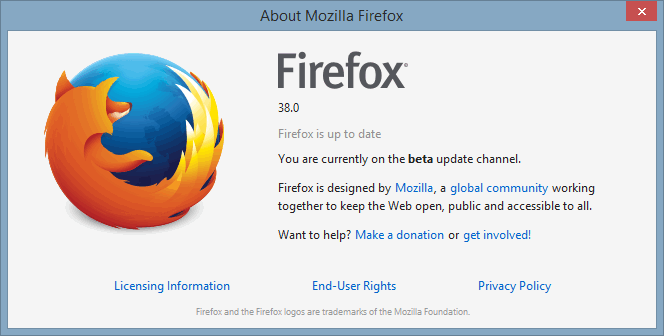 Бета-версия Firefox Об информации.