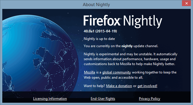 Firefox Nightly Об информации.