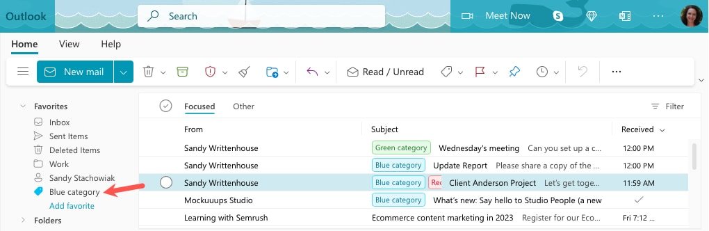 Любимая категория в Outlook в Интернете