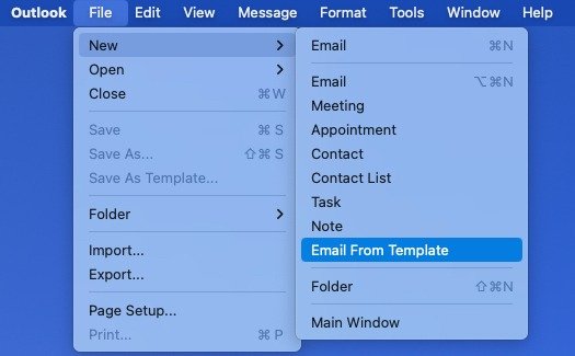Электронная почта из шаблона в меню «Файл» на Mac