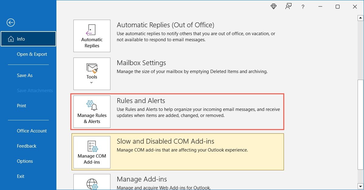 Файл, информация, правила и оповещения в Outlook