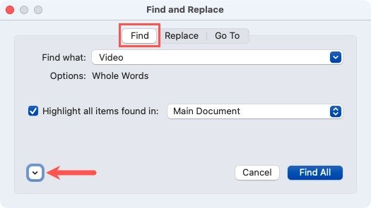 Поле «Найти и заменить» Вкладка «Найти» и стрелка «Еще» в Word на Mac