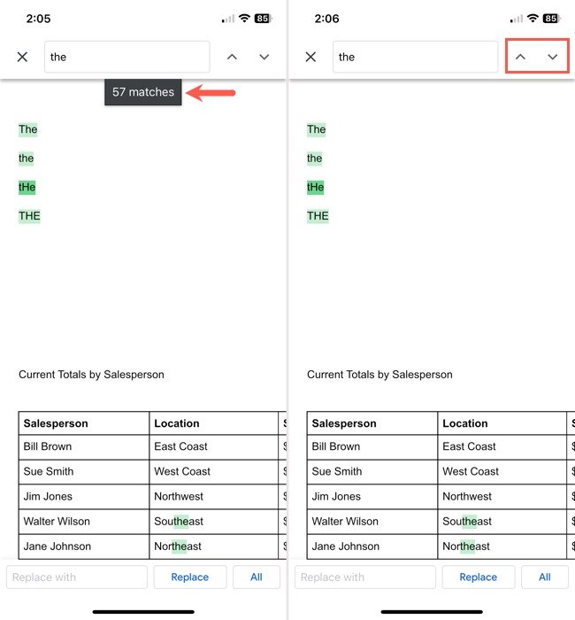 Найдите результаты и стрелки в мобильном приложении Google Docs.