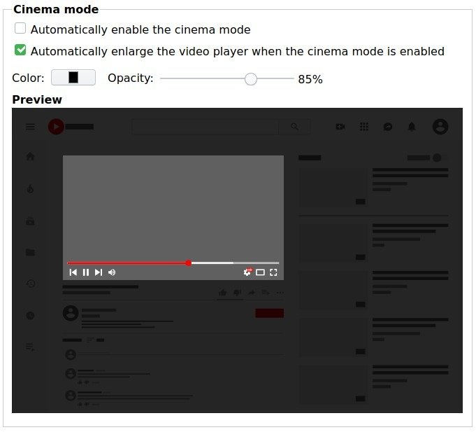 Параметры кино Firefox Better Youtube Enhancer