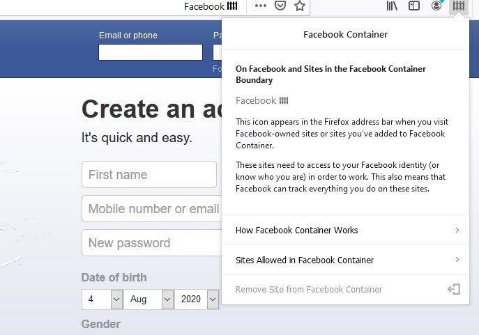 Социальные расширения Firefox, контейнер Facebook 1