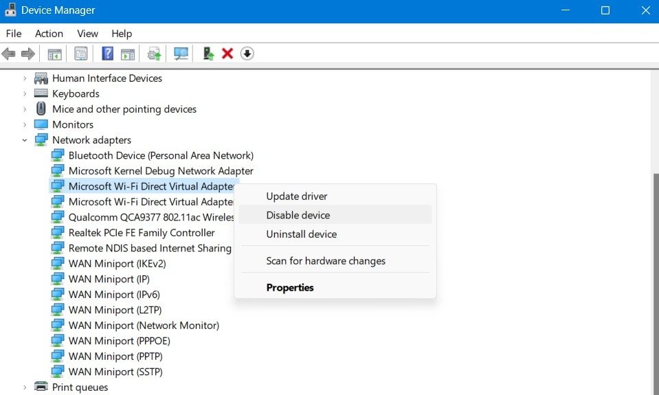Щелкните правой кнопкой мыши, чтобы выбрать «отключить устройство» в виртуальном адаптере Microsoft Wi-Fi Direct.
