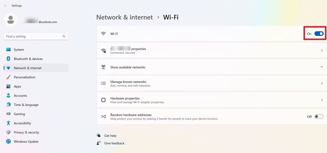 Переключатель Wi-Fi для выключения и повторного включения.