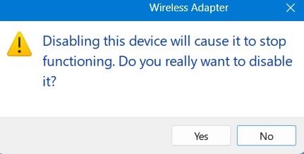 Подтвердите отключение беспроводного адаптера, нажав «Да».