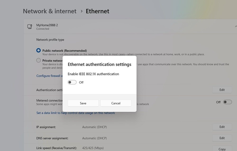 Отключите аутентификацию IEEE 802.1X в настройках аутентификации Ethernet.