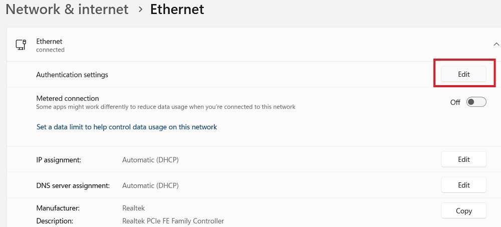 Нажмите «Изменить» рядом с «Настройки аутентификации» Ethernet в разделе «Сеть и Интернет».