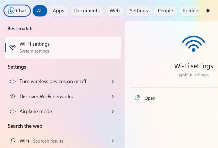 Откройте настройки Wi-Fi из меню поиска Windows,