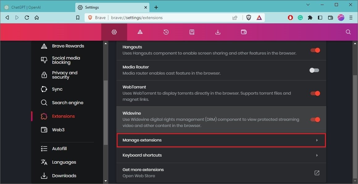 Опция «Управление расширениями» в браузере Brave.