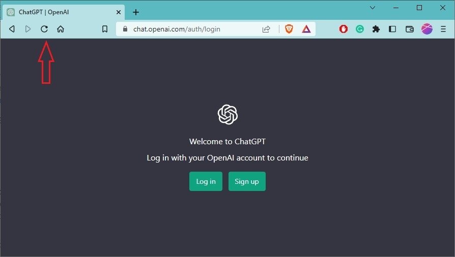 Кнопка «Обновить» в браузере Windows, отображающая страницу ChatGPT.