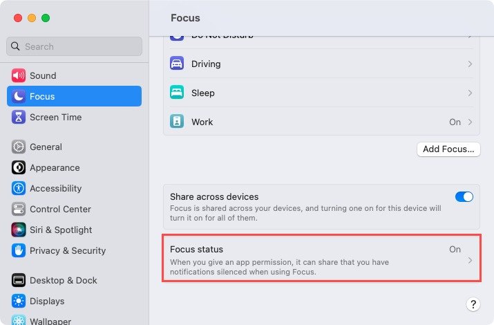 Настройки статуса фокуса на Mac