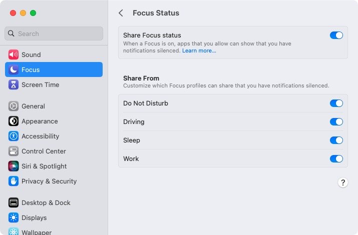 Настройки статуса фокуса на Mac
