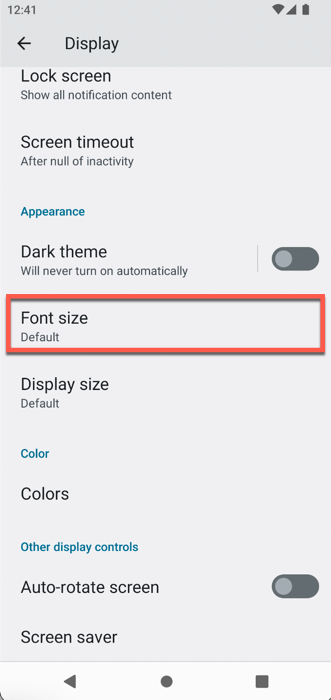 Размер шрифта Меню настроек дисплея Android
