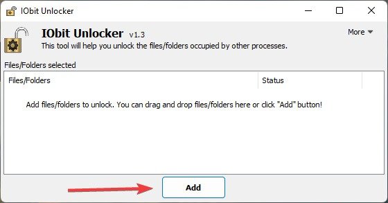 Добавление файла в IObit Unlocker в Windows.