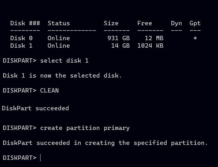 Форматирование USB-раздела Windows Diskpart выполнено успешно