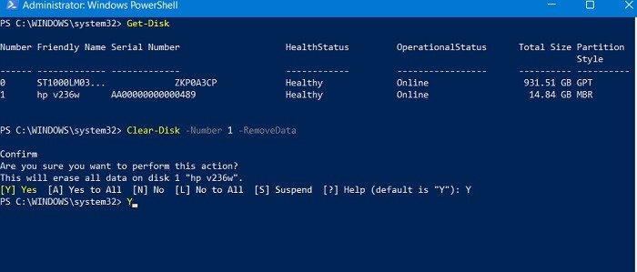 Форматирование USB-накопителя Windows Powershell Очистка диска Подтверждение