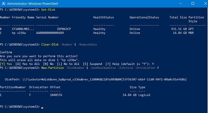 Форматирование USB-накопителя Windows Powershell Команда создания нового раздела