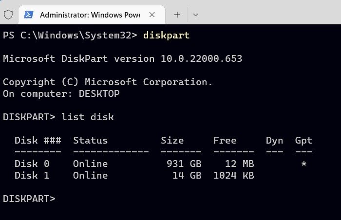 Форматирование USB-диска терминала Windows Win11Part List Disk