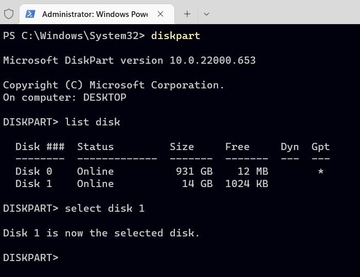 Форматирование USB-терминала Windows Win11 Diskpart выбранного диска