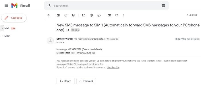 Получено тестовое электронное письмо для пересылки SMS-сообщений Android Gmail