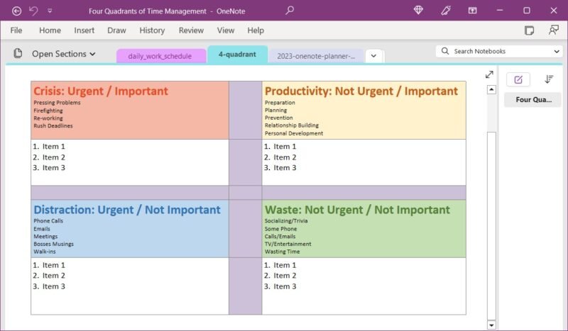 Шаблон «Четыре квадранта» из OneNote Gem