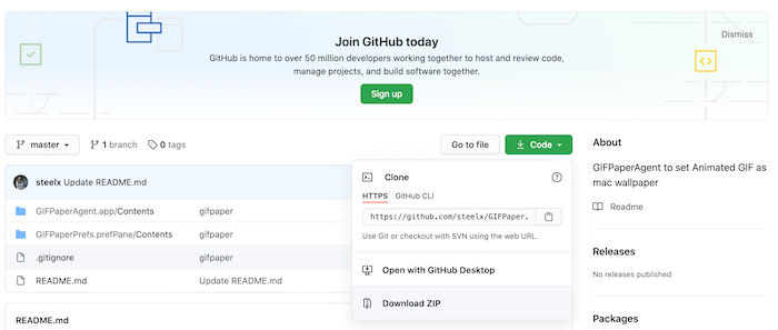 Загрузите GIFPaper с популярного сайта обмена кодами GitHub.